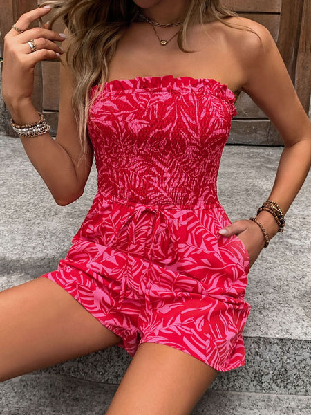 Smocked Printed Tube Romper with Pockets