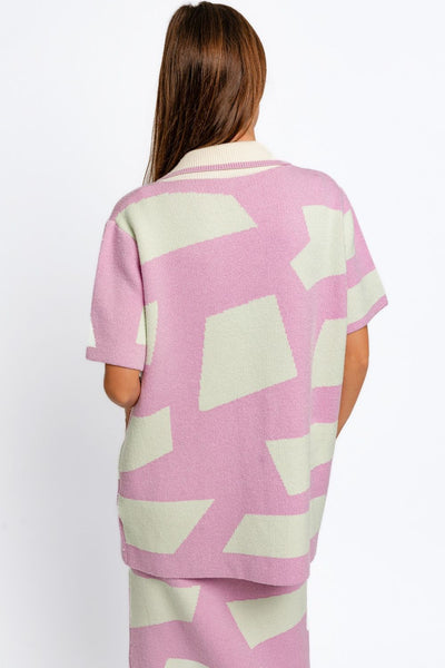 Le Lis Abstract Contrast Short Sleeve Collared Cardigan