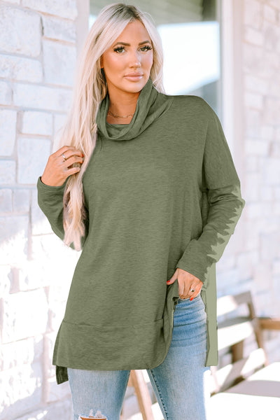 Cowl Neck Long Sleeve Slit Blouse