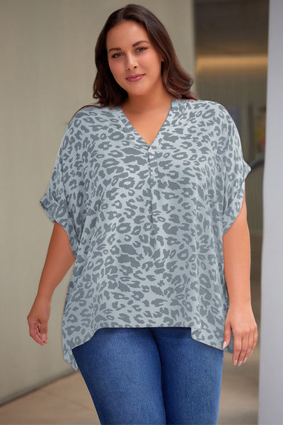 Plus Size Printed Notched Neck Half Sleeve Top