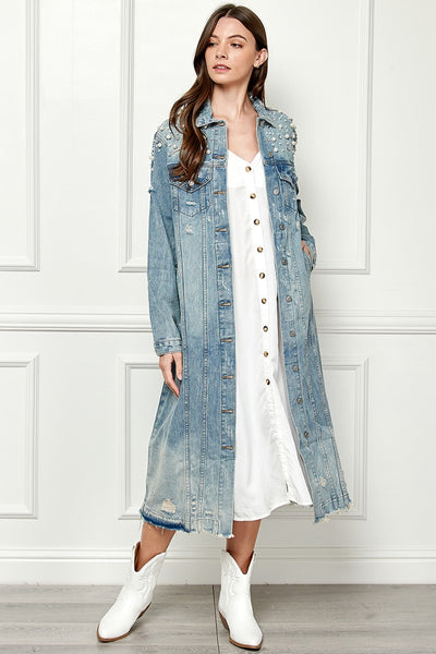 Veveret Full Size Distressed Raw Hem Pearl Detail Button Up Jacket