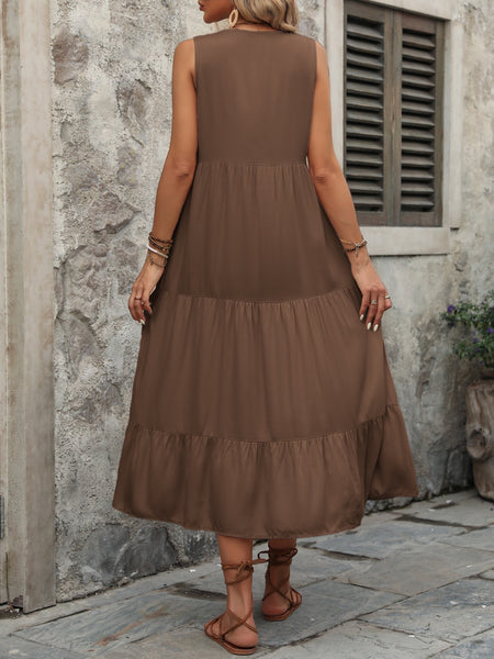 Decorative Button Notched Sleeveless Dress