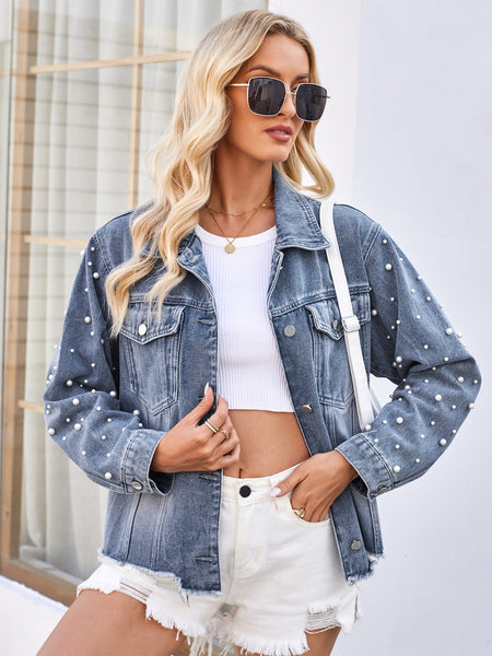 Pearl Trim Raw Hem Denim Jacket