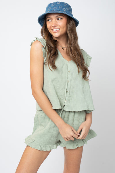 Ruffled V-Neck Cap Sleeve and Shorts Set