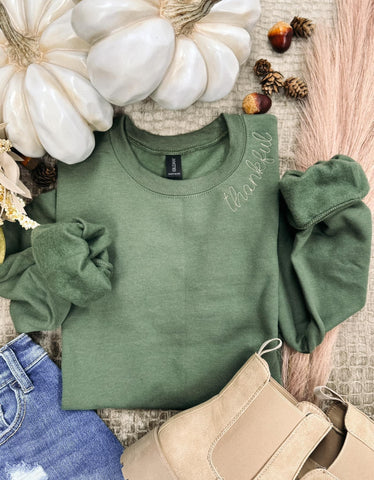 Thankful Olive Embroidered Sweatshirt