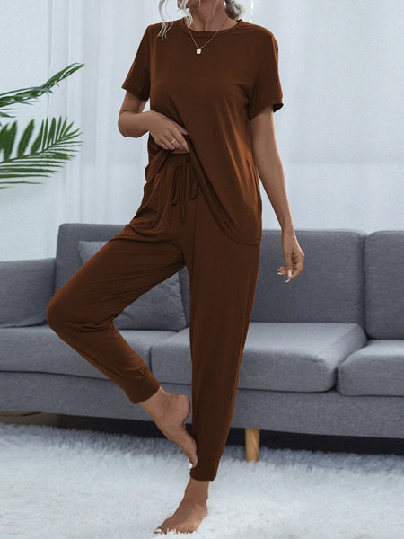 Shiny Round Neck Top and Pants Lounge Set