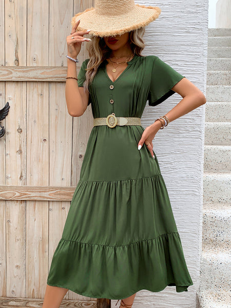 Tiered Notched Short Sleeve Midi Dress