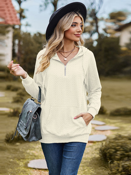 Cable-Knit Zip-Up Hooded Blouse