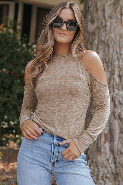 Heathered Round Neck Cold Shoulder T-Shirt