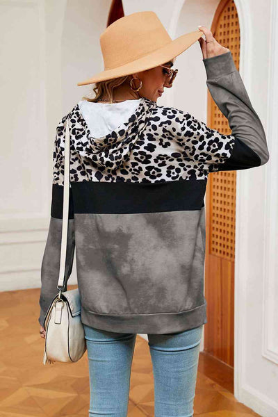 Leopard Drawstring Hoodie with Pocket