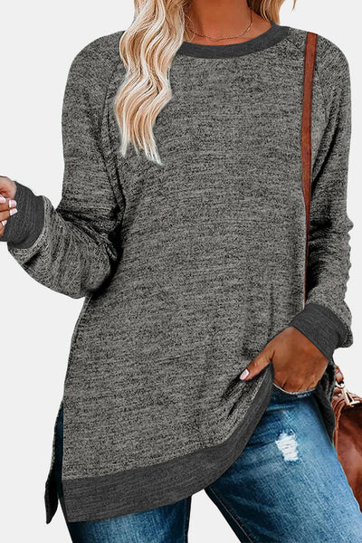 Round Neck Long Sleeve Slit T-Shirt