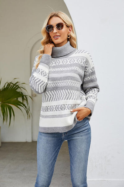 Geometric Turtleneck Long Sleeve Sweater