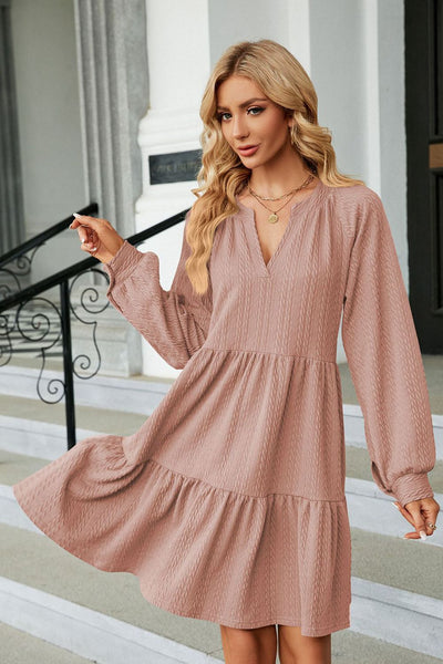 Notched Neck Long Sleeve Mini Dress