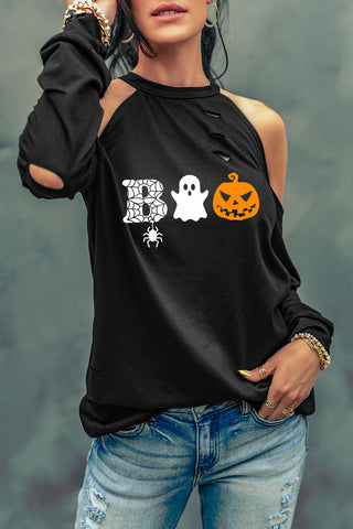 Cold Shoulder Boo Graphic Distressed Blouse