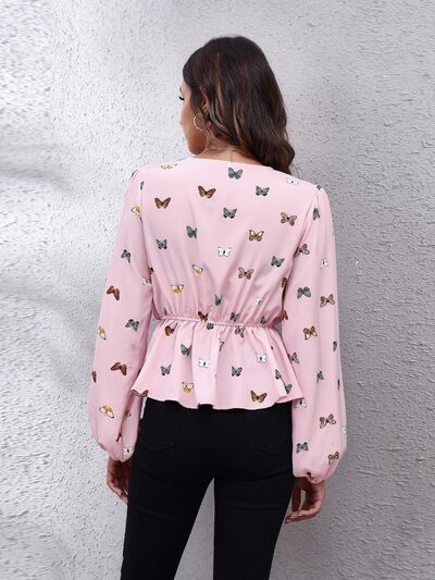 Butterfly V-Neck Balloon Sleeve Peplum Blouse