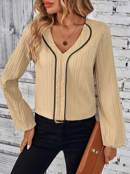 Contrast V-Neck Long Sleeve Blouse