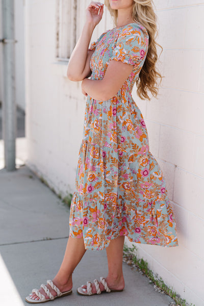 Floral Flounce Sleeve Round Neck Midi Dress