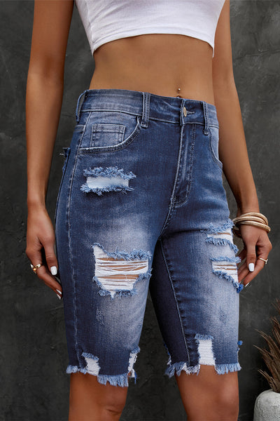 Distressed Frayed Hem Denim Bermuda Shorts