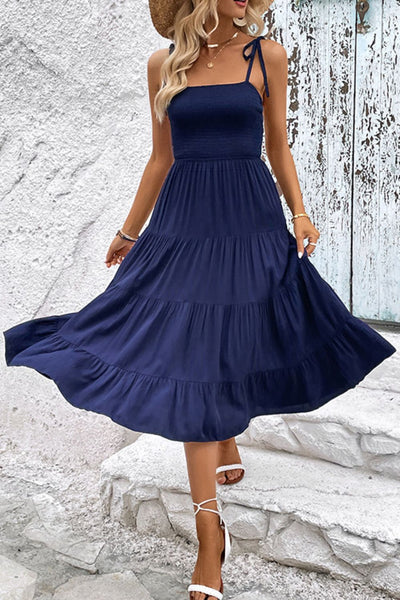 Tie-Shoulder Tiered Midi Dress