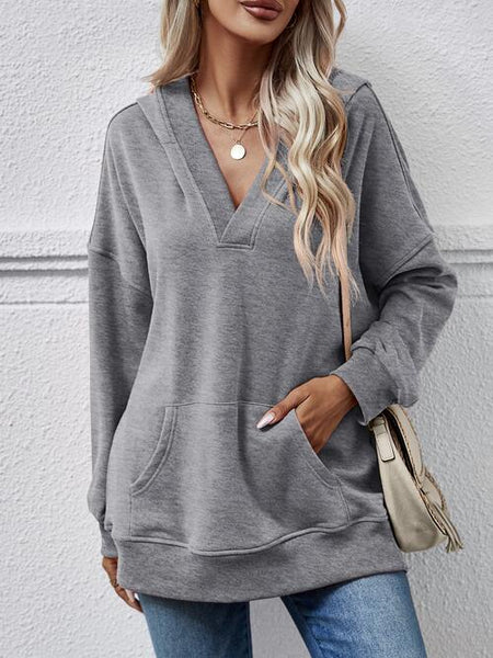 V-Neck Drop Shoulder Long Sleeve Hoodie