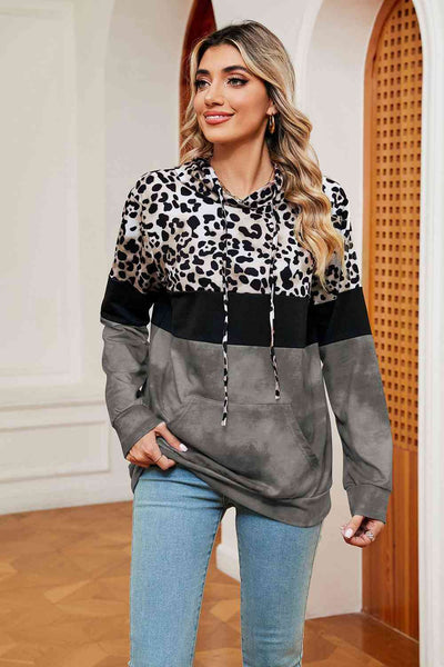 Leopard Drawstring Hoodie with Pocket