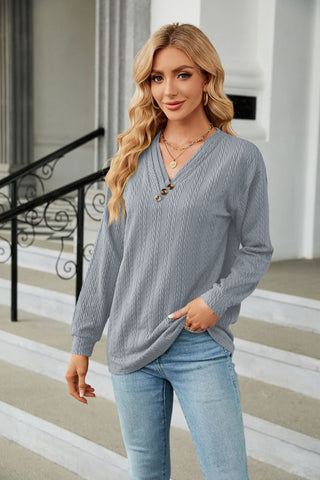 Decorative Button V-Neck Long Sleeve T-Shirt