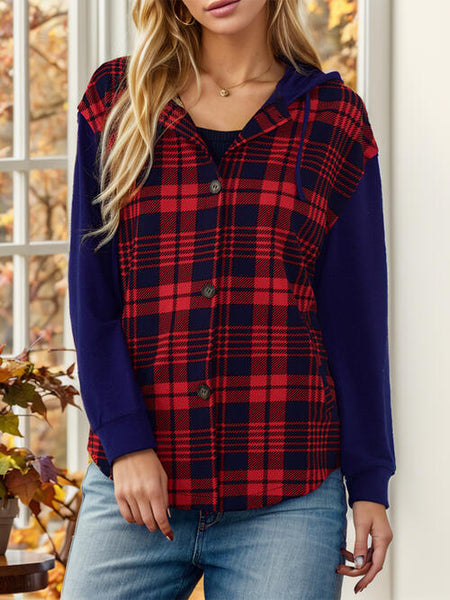 Contrast Button Up Drawstring Hooded Shirt