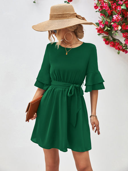 Round Neck Tie Belt Flounce Sleeve Dress