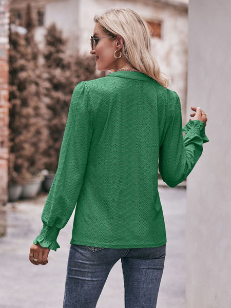 Eyelet Notched Neck Flounce Sleeve Blouse