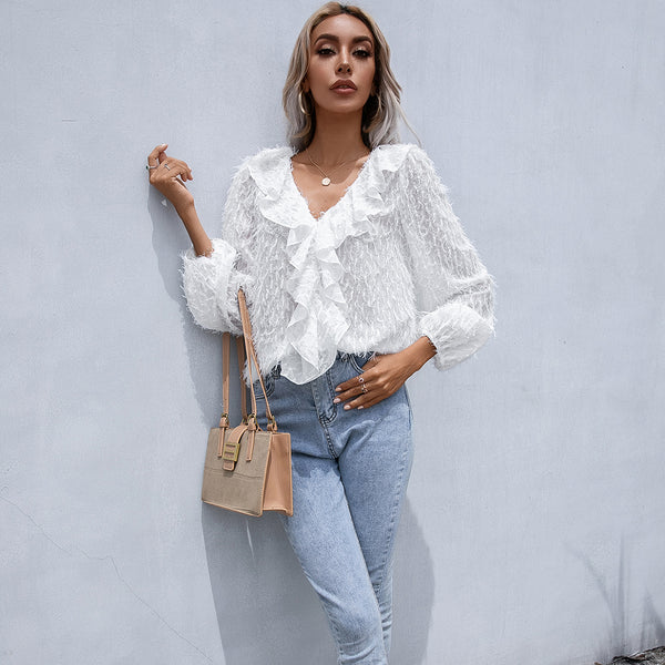 Ruffle Hem Fringe V-Neck Balloon Sleeve Blouse