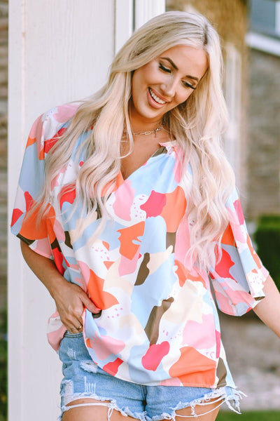 Printed Notched Neck Half Sleeve Blouse