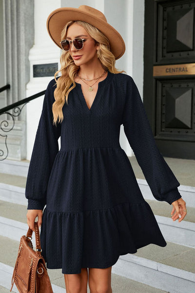 Notched Neck Long Sleeve Mini Dress