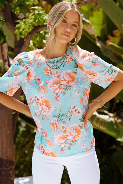 Summer Lover Floral Puff Sleeve Round Neck Blouse