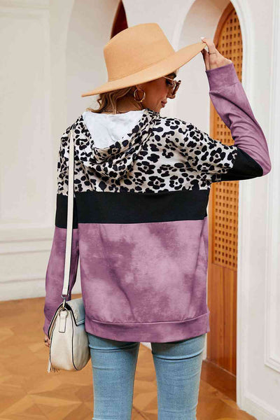 Leopard Drawstring Hoodie with Pocket