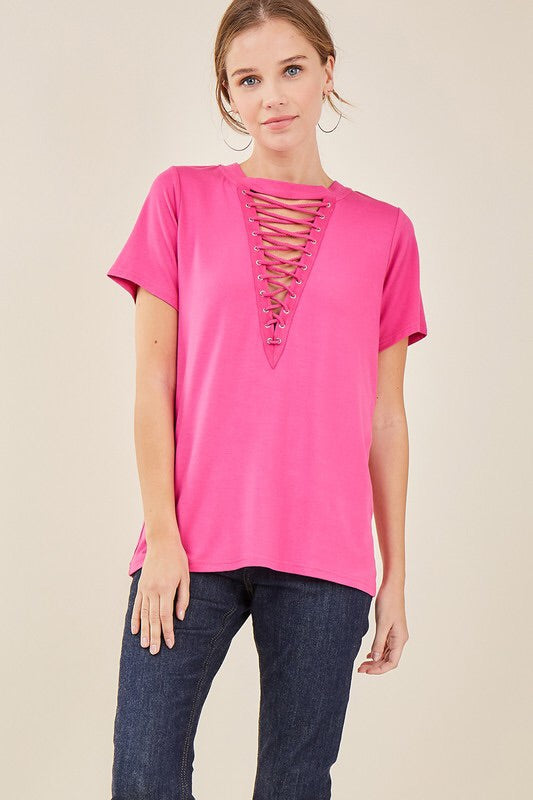 Magenta Deep V Lace Up Top - The Frosted Pear Design