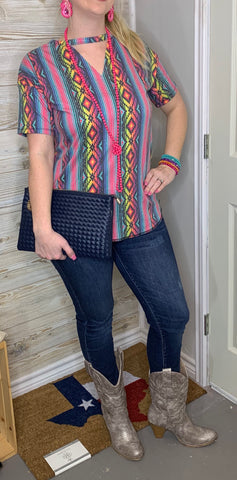 Bright Aztec Keyhole Top