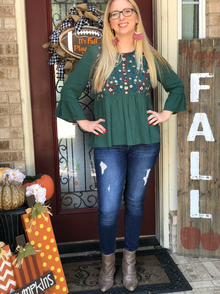 Green Floral Embroidery Top