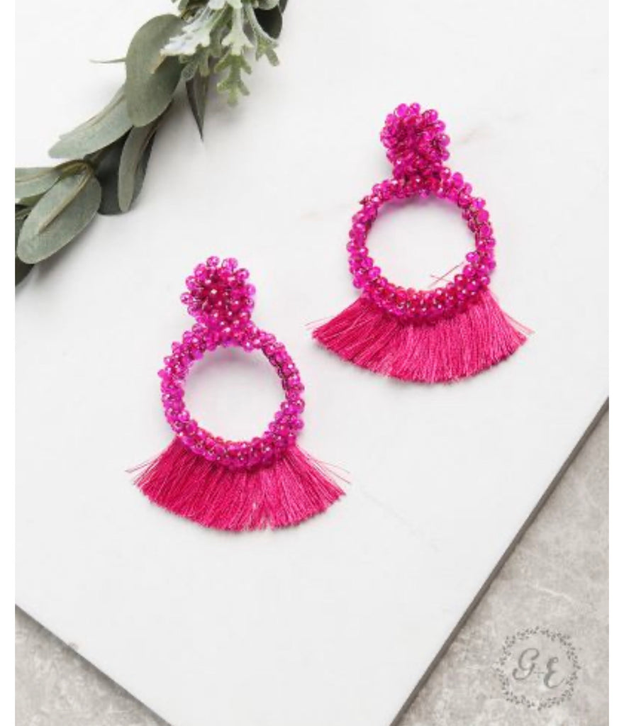 Fuchsia Beaded Hoop Earrings