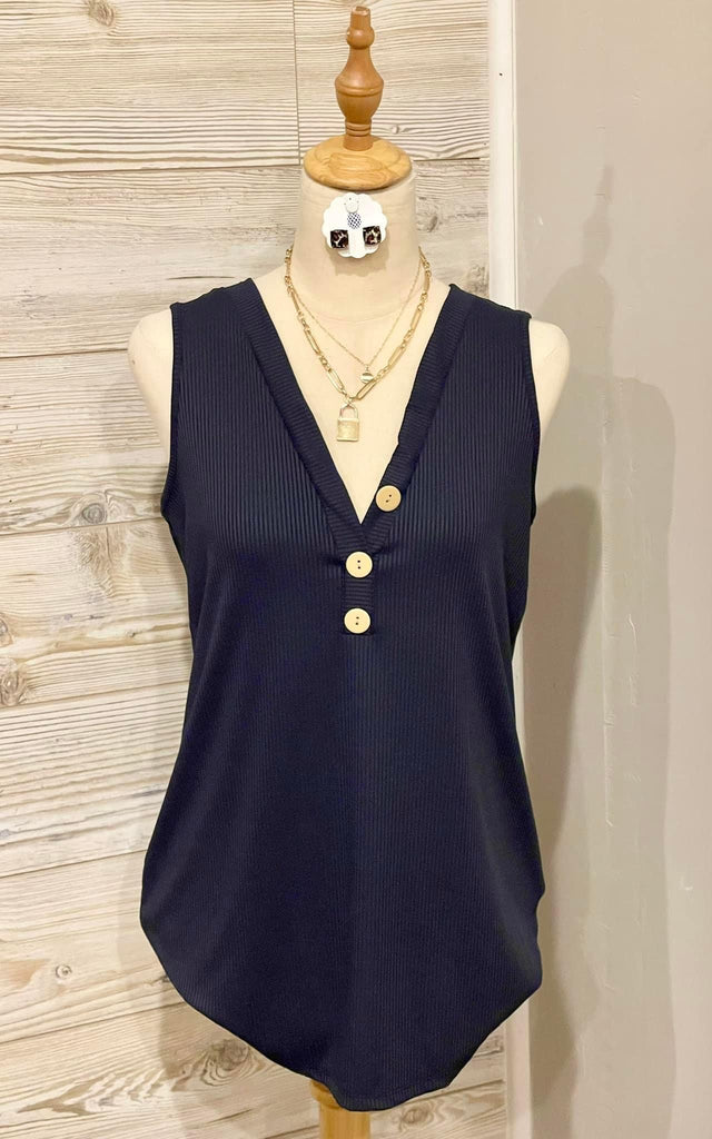 Navy Ribbed Button Tank