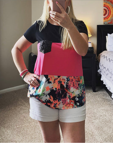 Hot Pink Color Block Floral Top