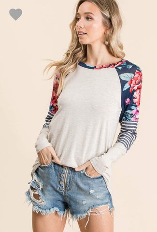 Tan & Navy Floral Top