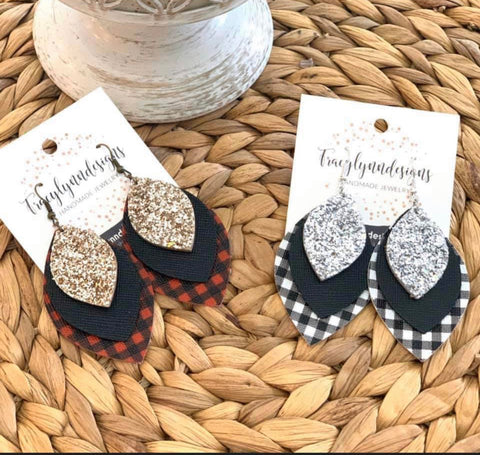 Triple Layer Buffalo Plaid Glitter Earrings- White & Black