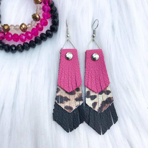 Pink Leopard Fringe Leather Earrings - The Frosted Pear Design