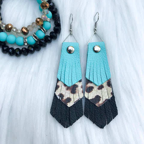 Turquoise Leopard Fringe Leather Earrings - The Frosted Pear Design